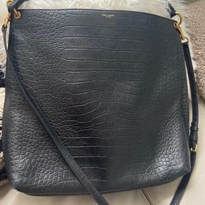 YSL Tag hobo bag black leather crocodile embossed